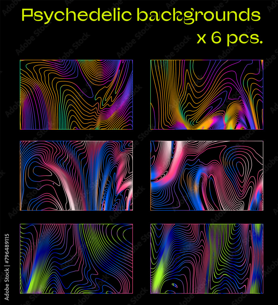 Poster big set of holographic retrofuturistic backgrounds with psychedelic neon wavy op-art pattern.