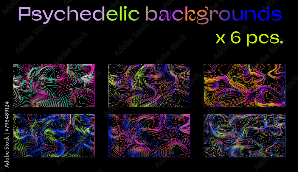 Aufkleber big set of holographic retrofuturistic backgrounds with psychedelic neon wavy op-art pattern.