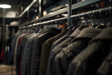 Fototapeta premium Luxury European Clothing Displayed on Hangers in a Stylish Boutique. Concept Luxury Clothing, European Style, Stylish Boutique, Clothing Display, Hanger Display