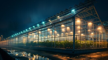 Obraz premium Night exterior of a modern industrial frame greenhouse with glass. Beautiful lighting, light. Growing vegetables, fruits, plants, garden crops all year round. Agricultural business