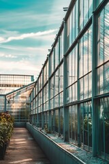 Obraz premium The exterior of a modern industrial greenhouse made of a frame with glass. Growing vegetables, fruits, plants, and garden crops all year round. Agricultural business