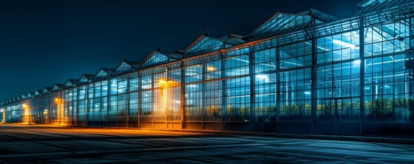 Night exterior of a modern industrial frame greenhouse with glass.  Beautiful lighting, light.  Growing vegetables, fruits, plants, garden crops all year round.  Agricultural business