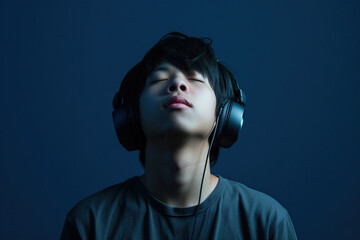Young Asian man wearing headphones on a dark blue background listening to his favorite music.