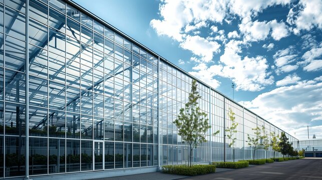 The exterior of a modern industrial greenhouse made of a frame with glass. Growing vegetables, fruits, plants, and garden crops all year round. Agricultural business