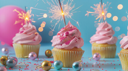 Tasty cupcakes with sparklers on color backgroun
