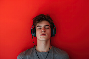 Young man wearing headphones on a red background listening to his favorite music.