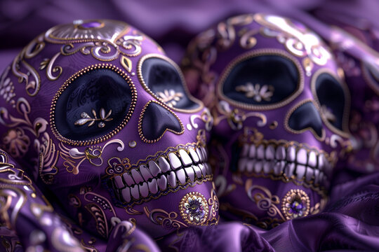 collage: image of a skull on lilac fabric.