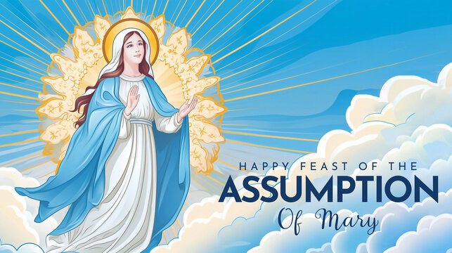 Assumption of Mary Illustration with Feast of the Blessed Virgin and Doves in Heaven 