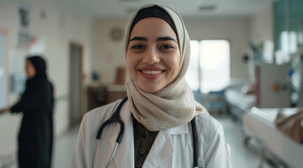 Portrait, Muslim woman and doctor with healthcare, clinic and career ambition in hospital. Face, Islamic person or confident employee with medical, professional and hijab with physician or medicare