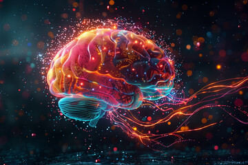 Illustration of colorful brain with pixels and wires levitating against black background, 3d, illustration