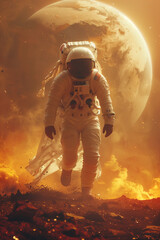 Astronaut walking on the planet Mars, 3d, illustration