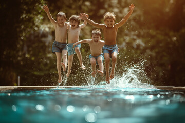 Happy children jumping into the swimming pool on a sunny summer day.