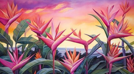 Fototapeta na wymiar Tropical Floral Sunset, Combine lush tropical flowers and foliage with a stunning sunset backdrop, using vibrant hues of pink, orange, and purple