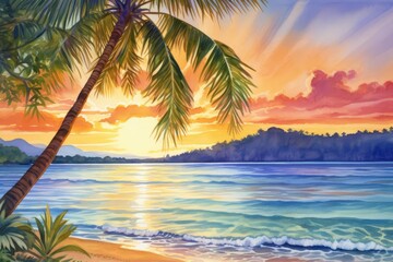 Fototapeta na wymiar Tropical Island Paradise, Paint a scene of a secluded tropical island bathed in the warm glow of the setting sun, with palm fringed beaches