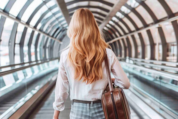 A girl with luggage takes off from a bright modern airport