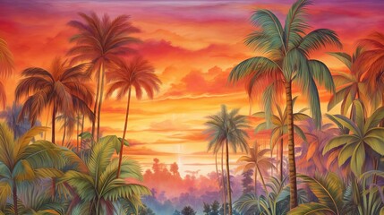 Fototapeta na wymiar Tropical Jungle Sunset, Paint a lush tropical jungle scene with towering palm trees, dense foliage, and exotic wildlife, set against a backdrop of a fiery sunset sky