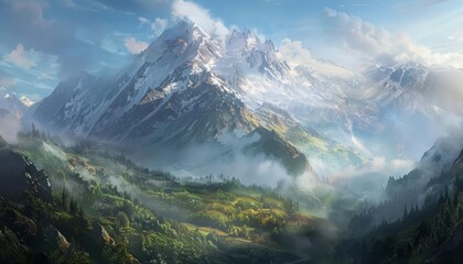A rugged mountain range looms on the horizon, its peaks dusted with snow and shrouded in mist, offering a majestic backdrop to the verdant valley below, art concept