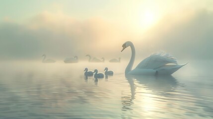A serene swan glides gracefully across a misty lake at dawn, tiny cygnets in tow, each mimicking their mothers elegant moves, cartoon concept