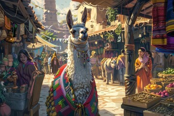 Naklejka premium A sleepyeyed llama, draped in a multicolored woven blanket, strolls through a bustling village market, pausing to munch on treats offered by smiling vendors, cartoon concept