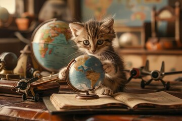 A small kitten with big, curious eyes plays with a globe, spinning it gently with its paws, in a room filled with miniature airplanes and maps, cartoon concept