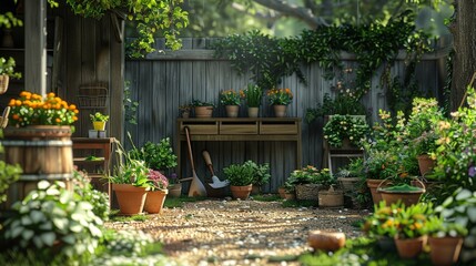 Lush Garden Context: Surrounding Greenery Enhances Realism of Gardening Tools and Flower Pots - Visually Appealing