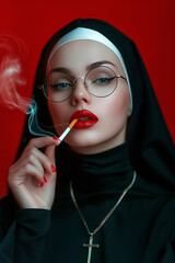 A Catholic church sister with a cigarette. The concept of vice