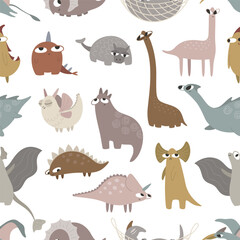 Cute dragons and dinosaurs. Seamless pattern. Template for print, textile, paper. Vector illustration in flat style.
