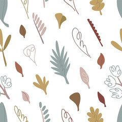Leaves, foliage, plants, boho concept. Seamless pattern for print. Vector illustration in flat modern style.