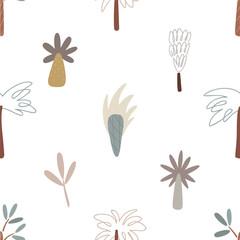 Palm trees in boho style. Seamless pattern. Template for print, textile, paper. Vector illustration in flat style.