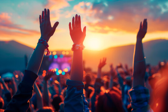 A happy crowd at an outdoor concert at sunset