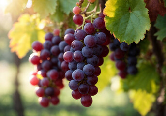 Vineyards at sunset in autumn harvest. Ripe grapes in fall.