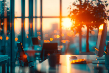 Blurred image of a spacious bright modern office behind glass at sunset