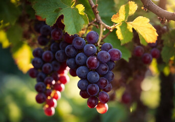 Vineyards at sunset in autumn harvest. Ripe grapes in fall.