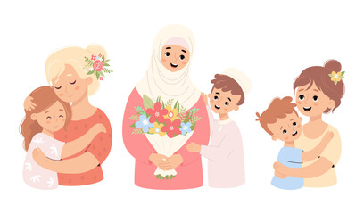Cute family set. Happy blonde with daughter, Muslim woman in hijab with bouquet flowers and mother with smiling son. Vector illustration. Characters diverse cultures and religions