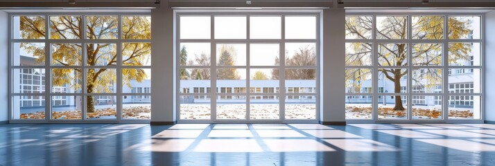 Classroom Windows with School Yard View on White Background - Academic Environment for Learning and Education