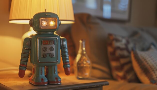In a cozy corner of the living room, the vintage robot toy from the 1950s stood on display, its chrome finish still gleaming under the soft glow of the lamp