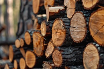 A vividly detailed image of stacked logs highlighting the patterns and textures of cut wood