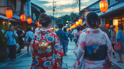 Fototapeta premium Aoi Matsuri Festival in the afternoon, the twilight atmosphere gives a soft light to the festival participants walking on the cobbled streets, Ai generated Images