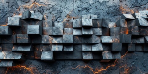 A wall made of black and grey blocks with orange flames on it