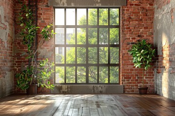 Spacious loft-style room with large window, brick wall, plant in modern interior design