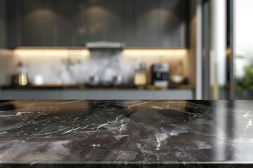 Fototapeta premium Modern dark marble table top on blurry kitchen for product display, digital ai art
