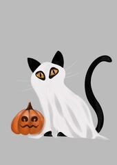 Black cat in ghost costume with Halloween pumpkin . Hand drawn illustration . 