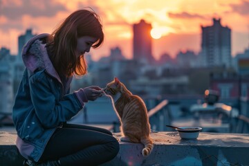 The warm hues of the setting sun accentuate a moment of kindness, as a woman feeds a stray cat on a city rooftop, inspiring a narrative of compassion - obrazy, fototapety, plakaty