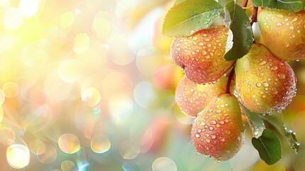 Macro close up of fresh pear with dew drops hanging on tree, wide banner with copy space
