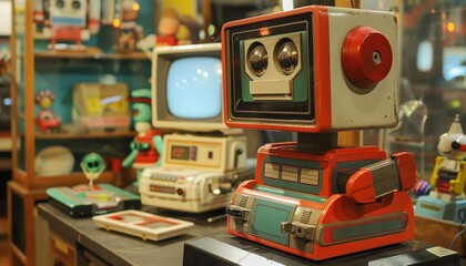The retro robot, a collector s item now, was once a household name, teaching basic programming to young enthusiasts through its clunky yet endearing interface - obrazy, fototapety, plakaty