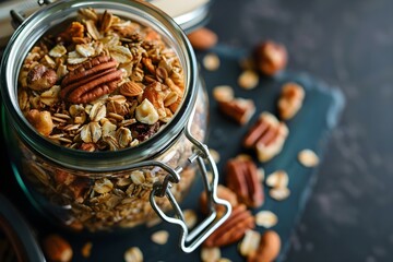 Displaying Healthy Ingredients: Homemade Granola in a Glass Jar. Concept Healthy eating, Granola recipe, Homemade snacks, Glass jar display, Food photography