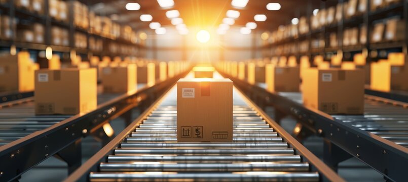 Automated warehouse conveyor belt with e commerce cardboard box packages for efficient logistics