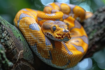 Fototapeta premium Reticulated Python: Coiled around a tree trunk, displaying its impressive size and pattern.