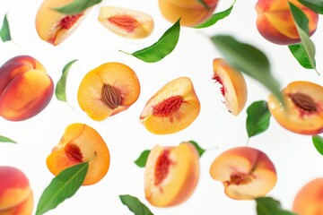 Ripe juicy peaches with green leaves falling and defocusing slices on white background