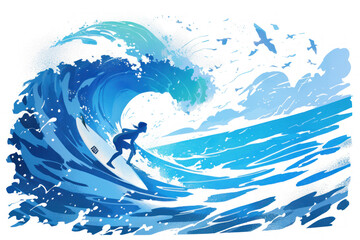 Blue illustration of a surfer catching and riding the ocean wave
